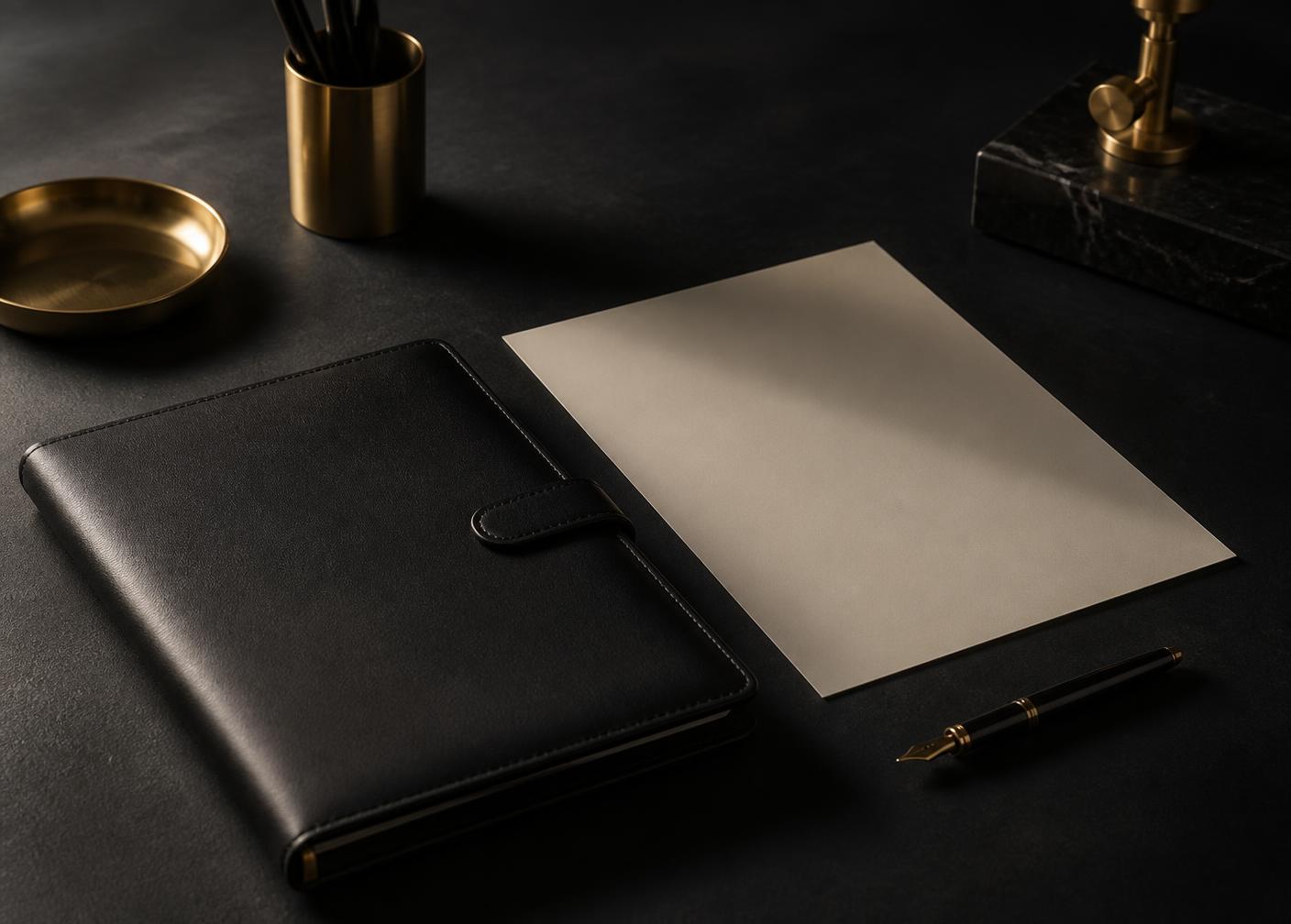 Leather portfolio, blank sheet and fountain pen on a dark desk